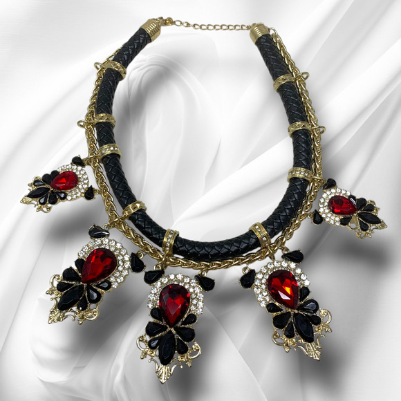 Vintage 1980's Maximalist Crystal Gold Tone Chain Leather Bling Choker Necklace - Picture 1 of 6